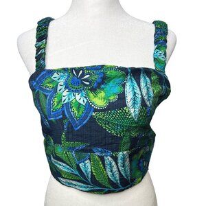 Rachel Zoe Womens Blue & Green Floral Crop Top With Ruched Straps Size L